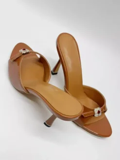 Brown High Heel Mules Open Toe Rhinestones Backless High Heel Sandals