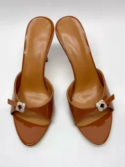 Brown High Heel Mules Open Toe Rhinestones Backless High Heel Sandals