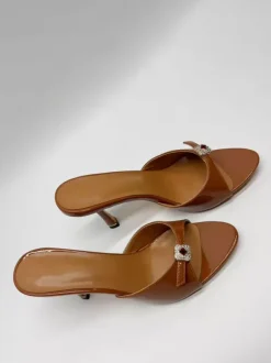 Brown High Heel Mules Open Toe Rhinestones Backless High Heel Sandals