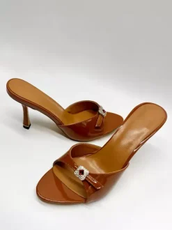 Brown High Heel Mules Open Toe Rhinestones Backless High Heel Sandals