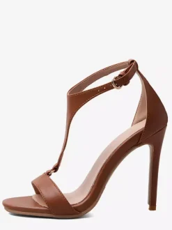 Brown High Heel Sandals Women's Open Toe T Type Stiletto Heel Sandal Shoes