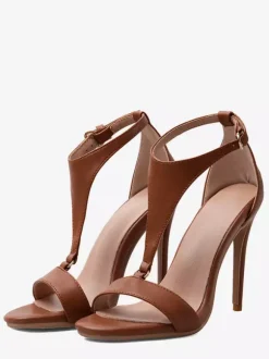 Brown High Heel Sandals Women's Open Toe T Type Stiletto Heel Sandal Shoes