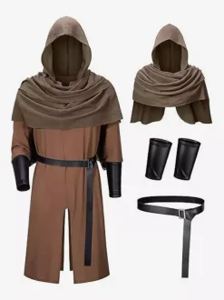 Brown Monk Robe Men's Medieval Friar Priest Tunic With Hooded Cowl Renaissance LARP Costume With Belt