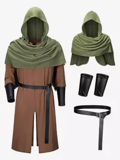 Brown Monk Robe Men's Medieval Friar Priest Tunic With Hooded Cowl Renaissance LARP Costume With Belt