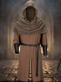 Brown Monk Robe Men's Medieval Friar Priest Tunic With Hooded Cowl Renaissance LARP Costume With Belt