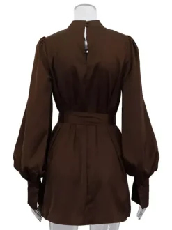 Brown Satin Mini Shirt Dress With High Neck And Lantern Sleeve For Women 2026