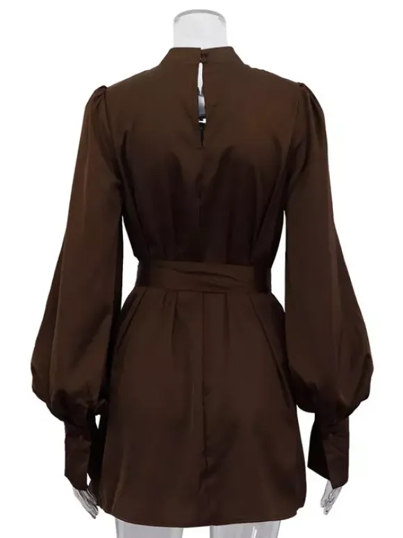 Brown Satin Mini Shirt Dress With High Neck And Lantern Sleeve For Women 2026
