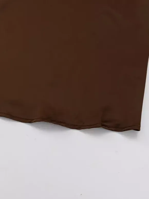 Brown Satin Mini Shirt Dress With High Neck And Lantern Sleeve For Women 2026