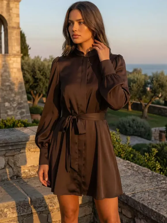 Brown Satin Mini Shirt Dress With High Neck And Lantern Sleeve For Women 2026