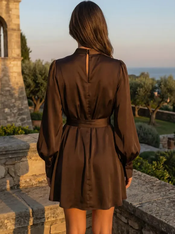 Brown Satin Mini Shirt Dress With High Neck And Lantern Sleeve For Women 2026