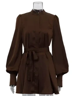 Brown Satin Mini Shirt Dress With High Neck And Lantern Sleeve For Women 2026