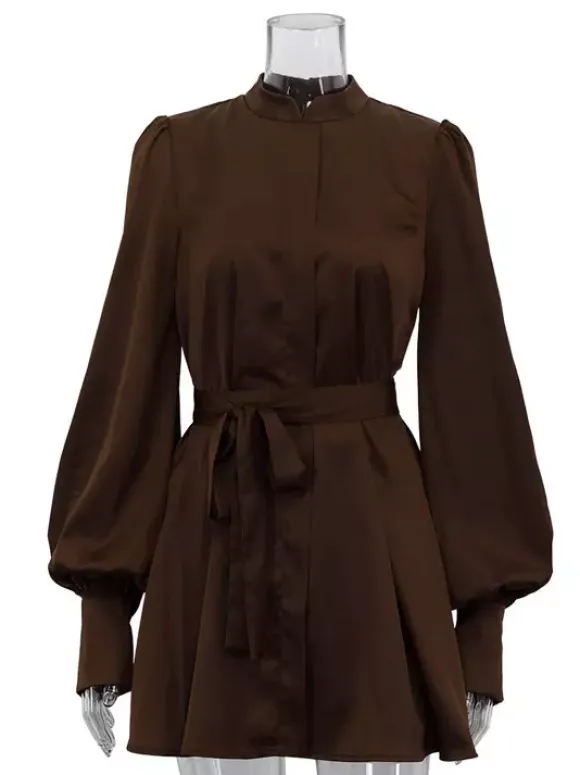Brown Satin Mini Shirt Dress With High Neck And Lantern Sleeve For Women 2026