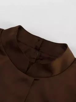 Brown Satin Mini Shirt Dress With High Neck And Lantern Sleeve For Women 2026