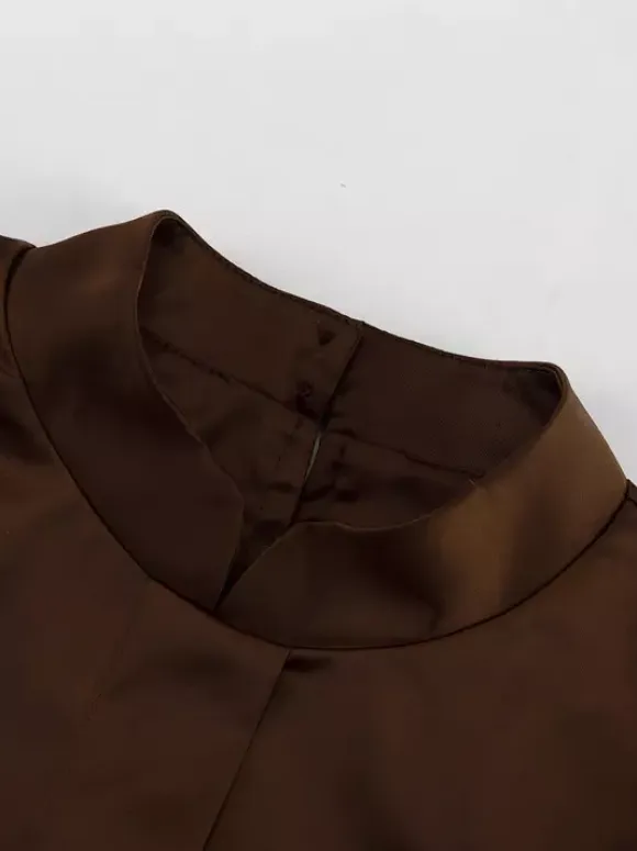 Brown Satin Mini Shirt Dress With High Neck And Lantern Sleeve For Women 2026
