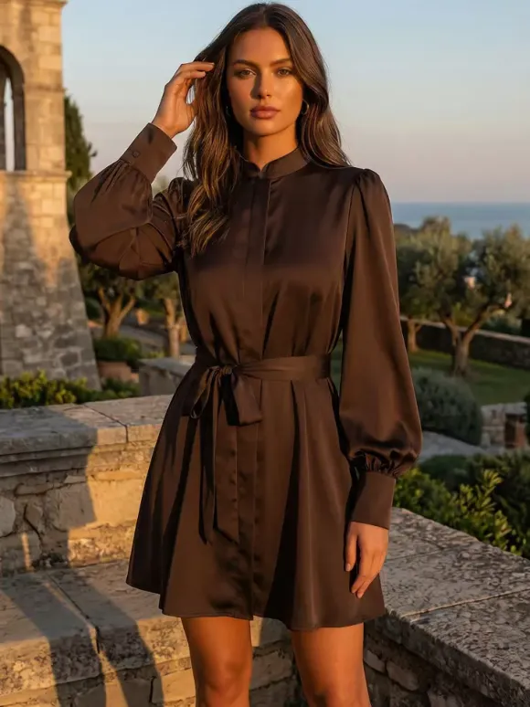 Brown Satin Mini Shirt Dress With High Neck And Lantern Sleeve For Women 2026