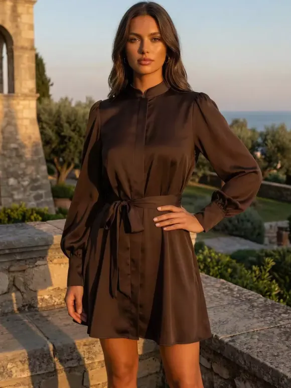 Brown Satin Mini Shirt Dress With High Neck And Lantern Sleeve For Women 2026