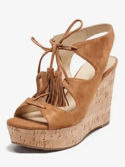 Brown Suede Wedege Sandals Slingbacks Lace Up Sandal Shoes For Women