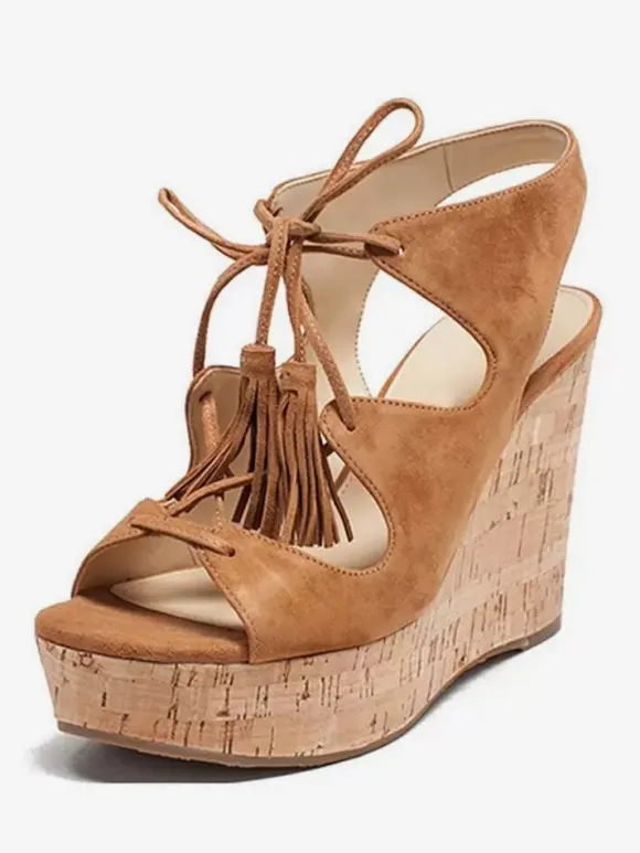 Brown Suede Wedege Sandals Slingbacks Lace Up Sandal Shoes For Women