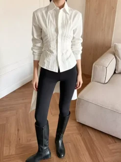 Brown White Two Color Cotton Blouse Front Pleated Slim Fit Cuffed Sleeve Shirts