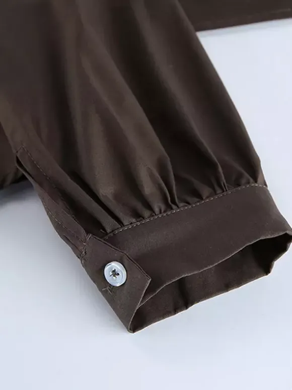 Brown White Two Color Cotton Blouse Front Pleated Slim Fit Cuffed Sleeve Shirts