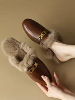 Brown Women Mule Loafers Round Toe Winter Shoes