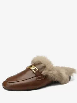 Brown Women Mule Loafers Round Toe Winter Shoes