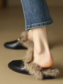 Brown Women Mule Loafers Round Toe Winter Shoes