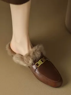 Brown Women Mule Loafers Round Toe Winter Shoes