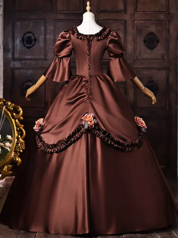 Brown Women's Victorian Rococo Dress Lace Applique Flare Sleeves Vintage Retro Dress