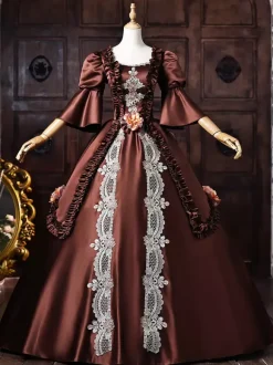 Brown Women's Victorian Rococo Dress Lace Applique Flare Sleeves Vintage Retro Dress
