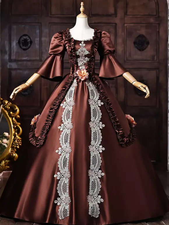 Brown Women's Victorian Rococo Dress Lace Applique Flare Sleeves Vintage Retro Dress