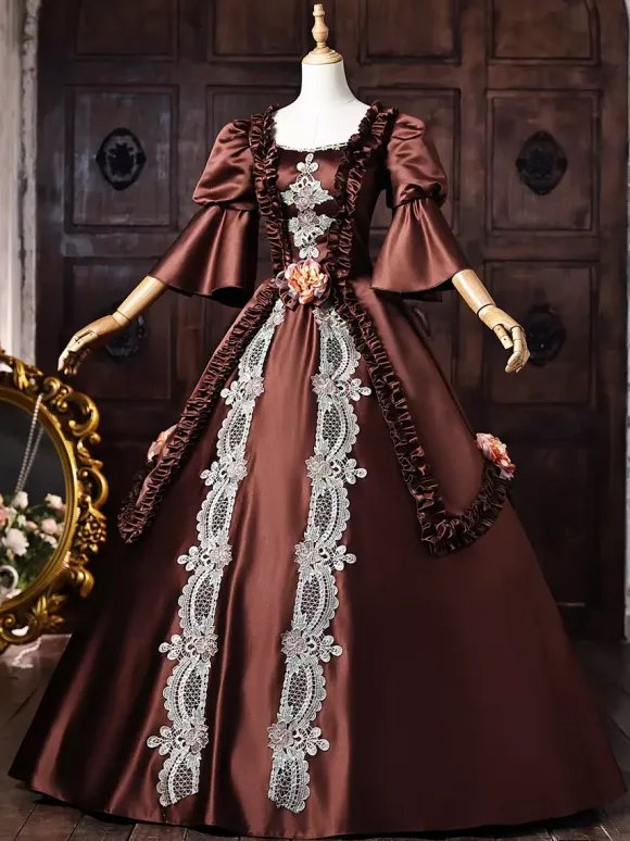 Brown Women's Victorian Rococo Dress Lace Applique Flare Sleeves Vintage Retro Dress