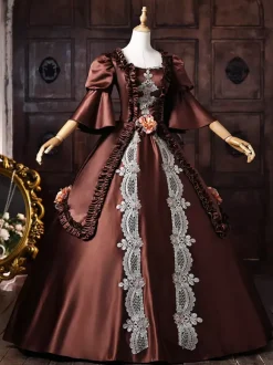 Brown Women's Victorian Rococo Dress Lace Applique Flare Sleeves Vintage Retro Dress