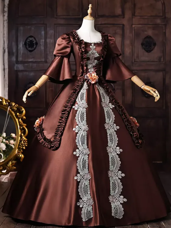 Brown Women's Victorian Rococo Dress Lace Applique Flare Sleeves Vintage Retro Dress