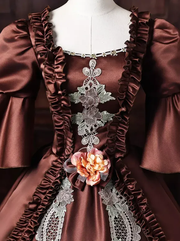 Brown Women's Victorian Rococo Dress Lace Applique Flare Sleeves Vintage Retro Dress
