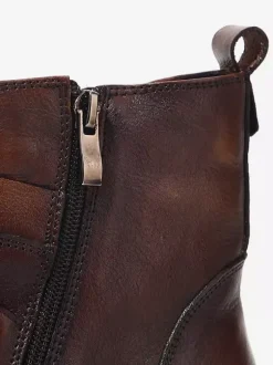 Brown Ankle Boots Genuine Leather Round Toe Buckle Detail Zip Up Booties