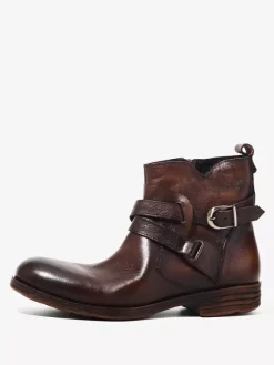 Brown Ankle Boots Genuine Leather Round Toe Buckle Detail Zip Up Booties