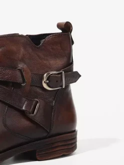 Brown Ankle Boots Genuine Leather Round Toe Buckle Detail Zip Up Booties