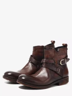 Brown Ankle Boots Genuine Leather Round Toe Buckle Detail Zip Up Booties