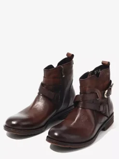 Brown Ankle Boots Genuine Leather Round Toe Buckle Detail Zip Up Booties