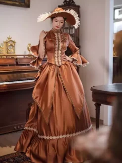 Brown Bustle Victorian Dress Long Flare Sleeves Ball Retro Dress With Hat