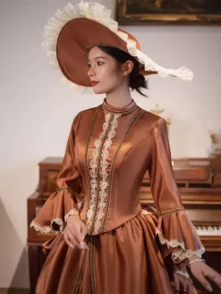 Brown Bustle Victorian Dress Long Flare Sleeves Ball Retro Dress With Hat