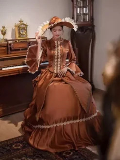Brown Bustle Victorian Dress Long Flare Sleeves Ball Retro Dress With Hat