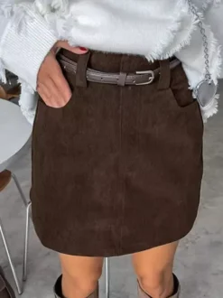 Brown Corduroy Women Mini Skirt - Retro High Waisted Slim Fit A-Line - Spring Casual Streetwear 2026