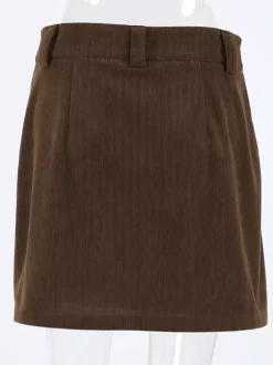Brown Corduroy Women Mini Skirt - Retro High Waisted Slim Fit A-Line - Spring Casual Streetwear 2026