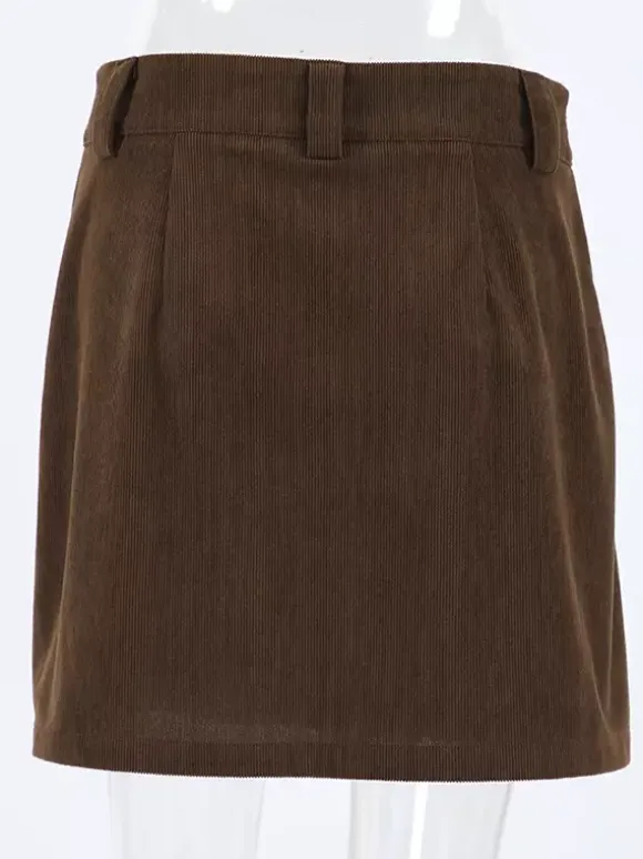 Brown Corduroy Women Mini Skirt - Retro High Waisted Slim Fit A-Line - Spring Casual Streetwear 2026