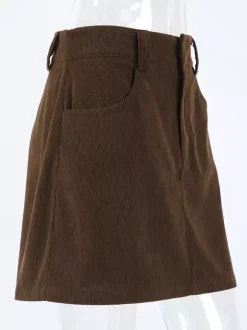Brown Corduroy Women Mini Skirt - Retro High Waisted Slim Fit A-Line - Spring Casual Streetwear 2026