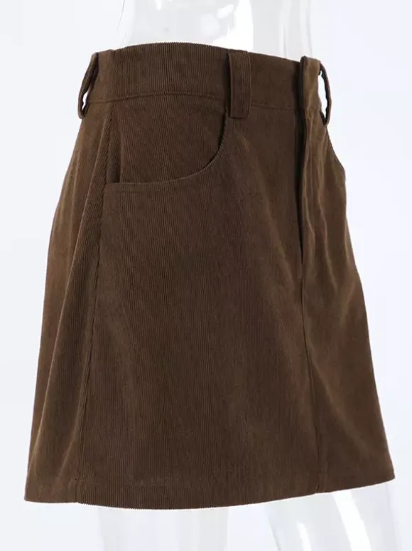 Brown Corduroy Women Mini Skirt - Retro High Waisted Slim Fit A-Line - Spring Casual Streetwear 2026