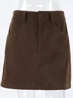 Brown Corduroy Women Mini Skirt - Retro High Waisted Slim Fit A-Line - Spring Casual Streetwear 2026