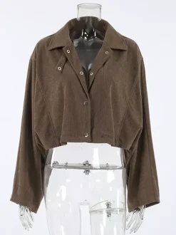 Brown Corduroy Women's Cropped Jacket - Oversized Utility Top - Maillard Style Streetwear Casual Daily Outfits 2026